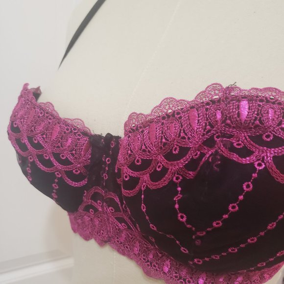 y2k 34c Fredrick's of Hollywood push up Padded Bra Embroidered Black Fuschia - Picture 3 of 8